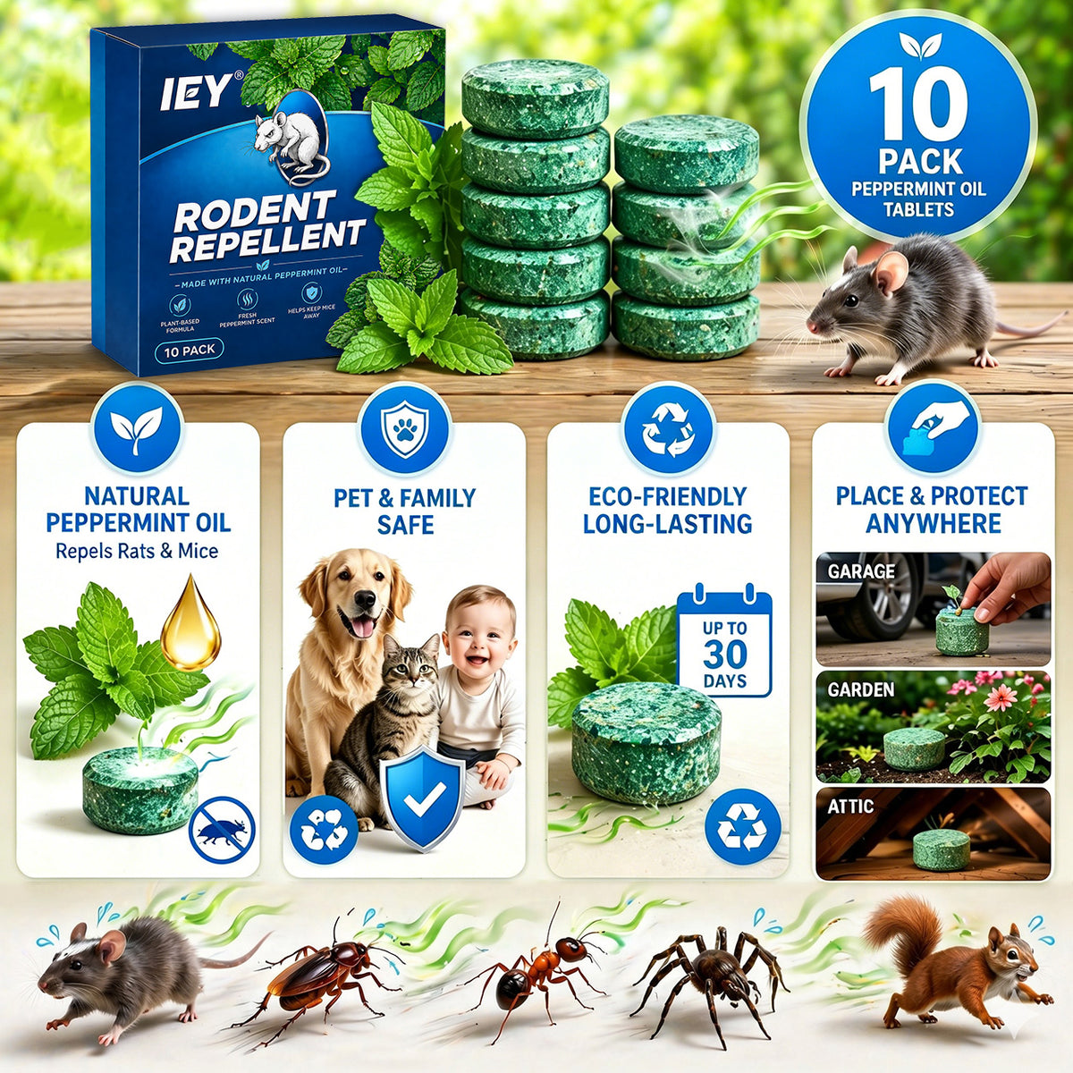 💥LAST DAY SALE 50%OFF💥🟢 Natural Peppermint Rodent Repellent Tablets – 10 Pack